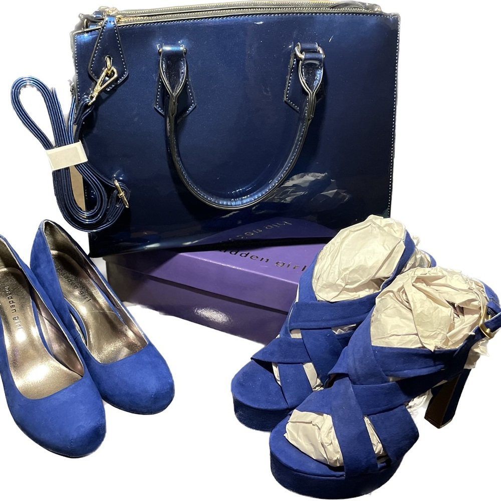 1 Size 8 & 1 Size 8.5 Blue Suede Shoes, & Vinyl Blue & Leopard Crossbody Bag